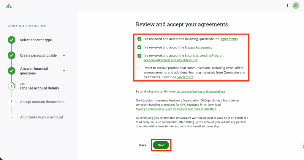 Questradeの口座開設画面