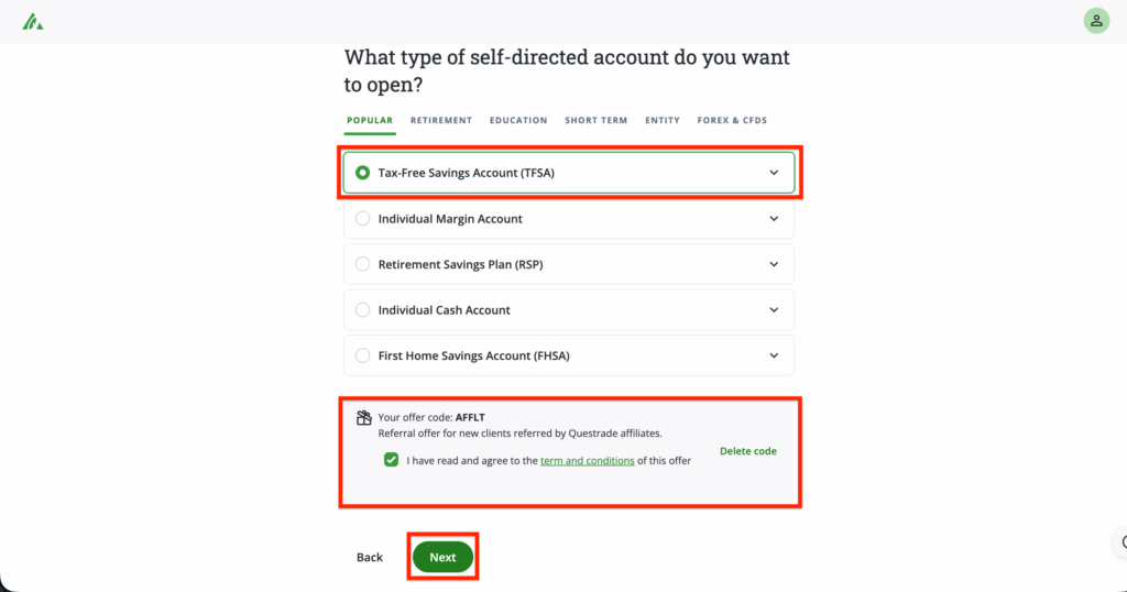 Questradeの口座開設画面