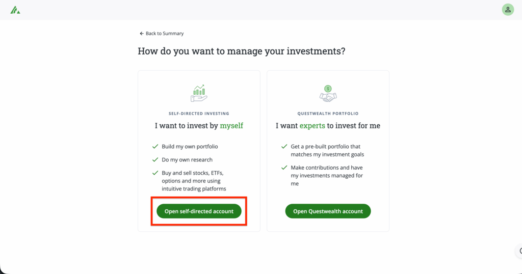 Questradeの口座開設画面 口座の管理方法を選択する