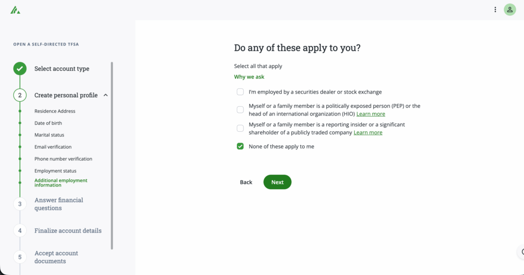 Questradeの口座開設画面