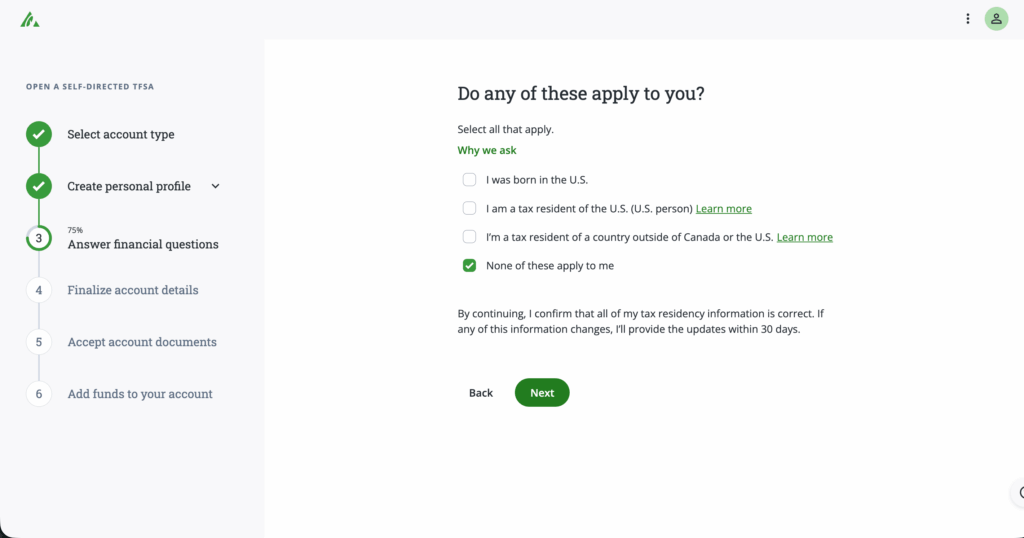 Questradeの口座開設画面