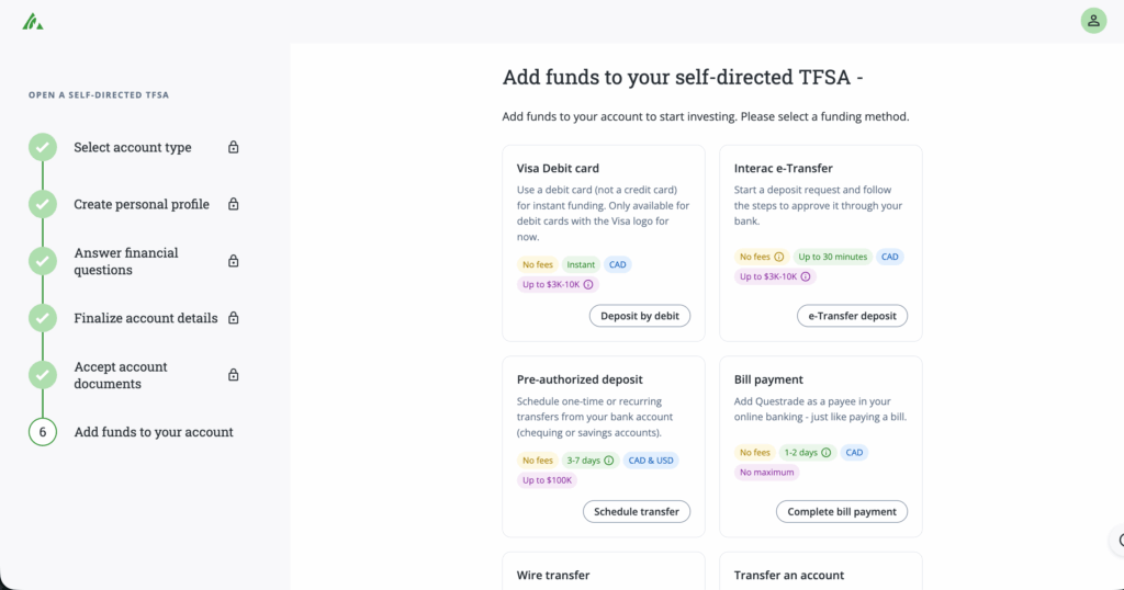 Questradeの口座開設画面 入金する