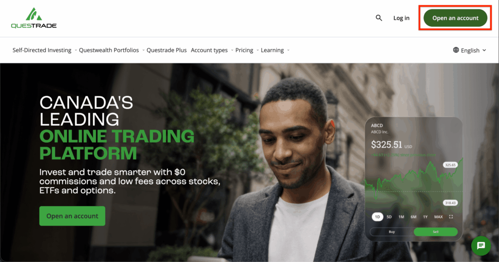 Questradeの口座開設トップ画面